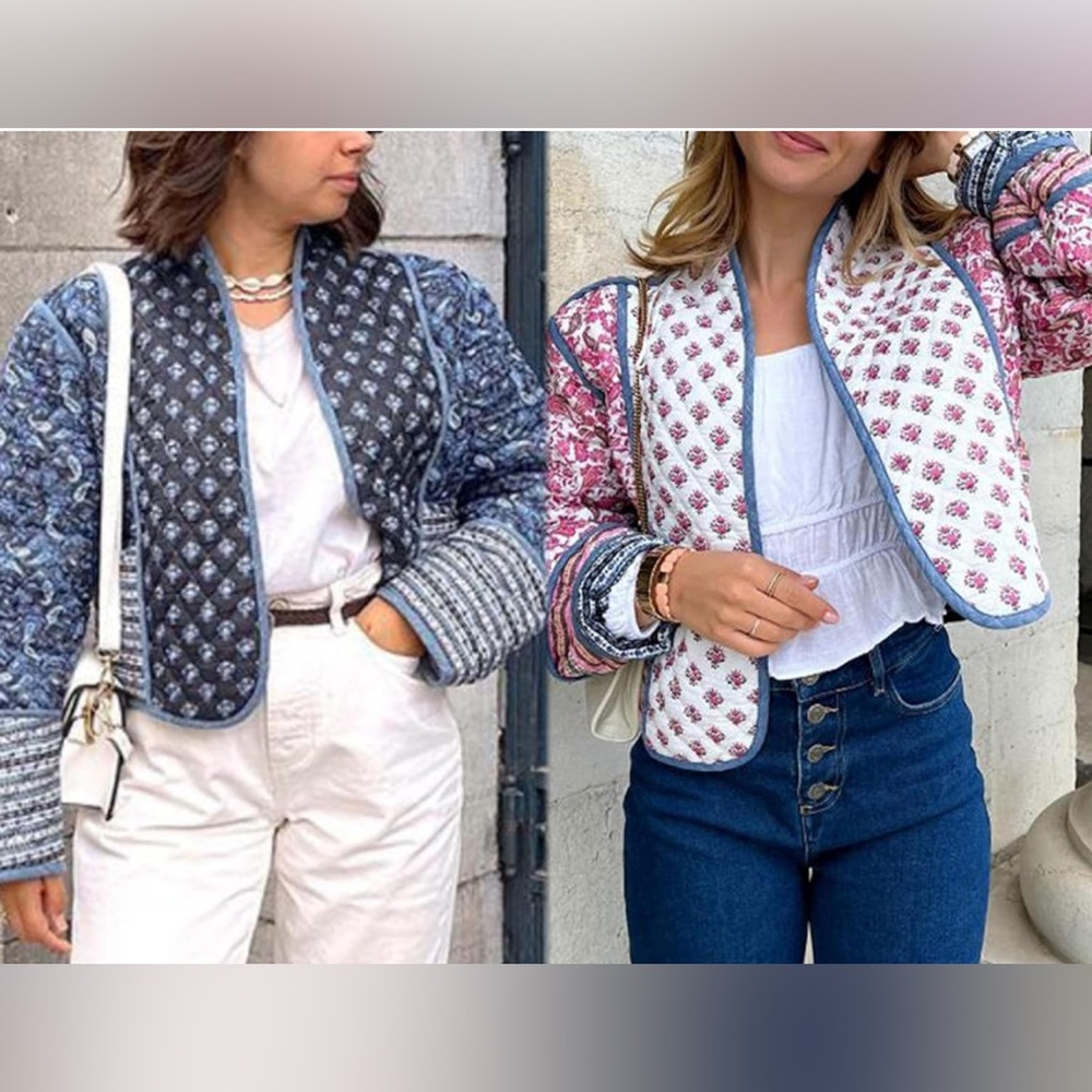 Cropped Puffer Jacket Stand Collar Floral Printed Open Front Quilted Lightweight - Picture 9 of 15